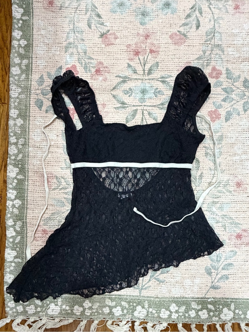 Kimchi Blue black lace cami with white ribbon tie back